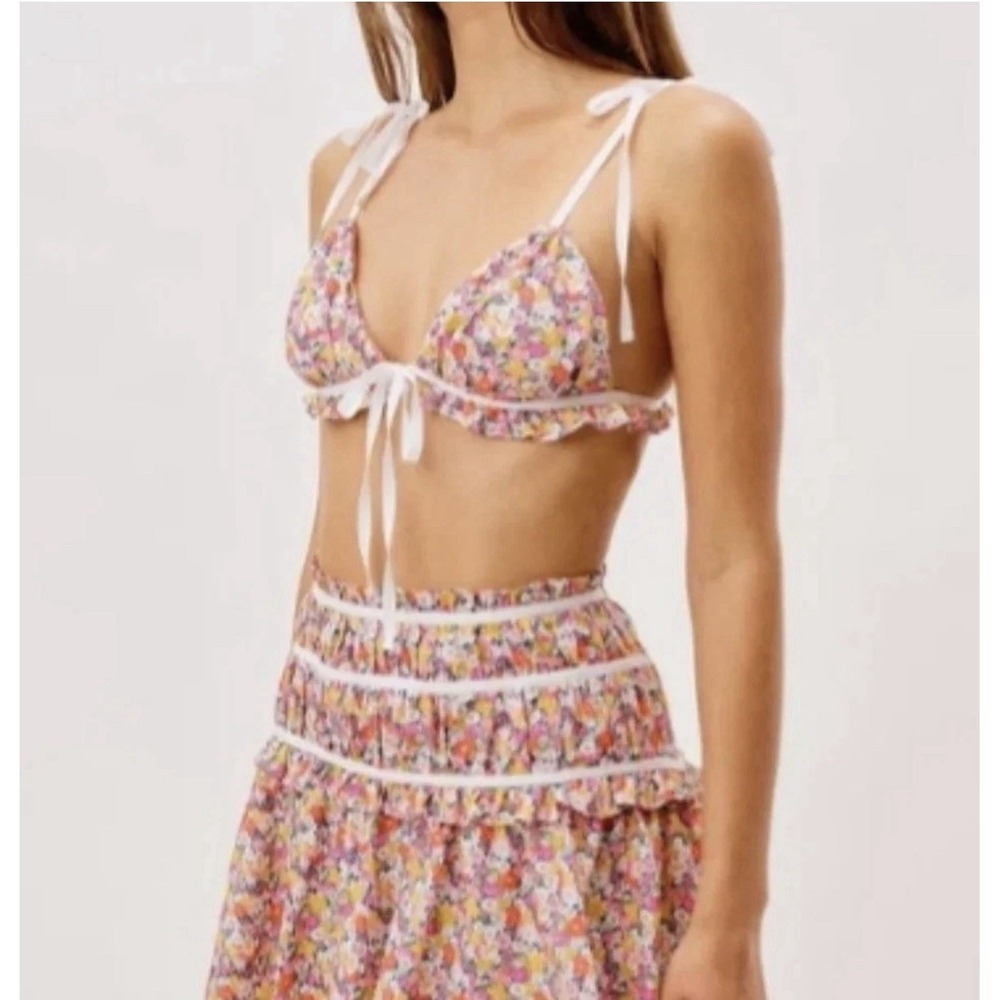 NWT For Love & Lemons Libby Floral Mini Skirt XS Shirred‎ Waist Hidden Side Zip